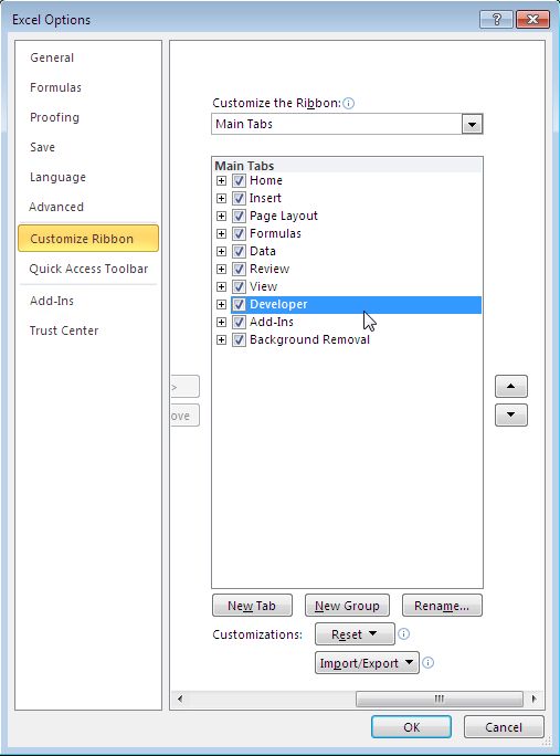 add developer tool in excel
